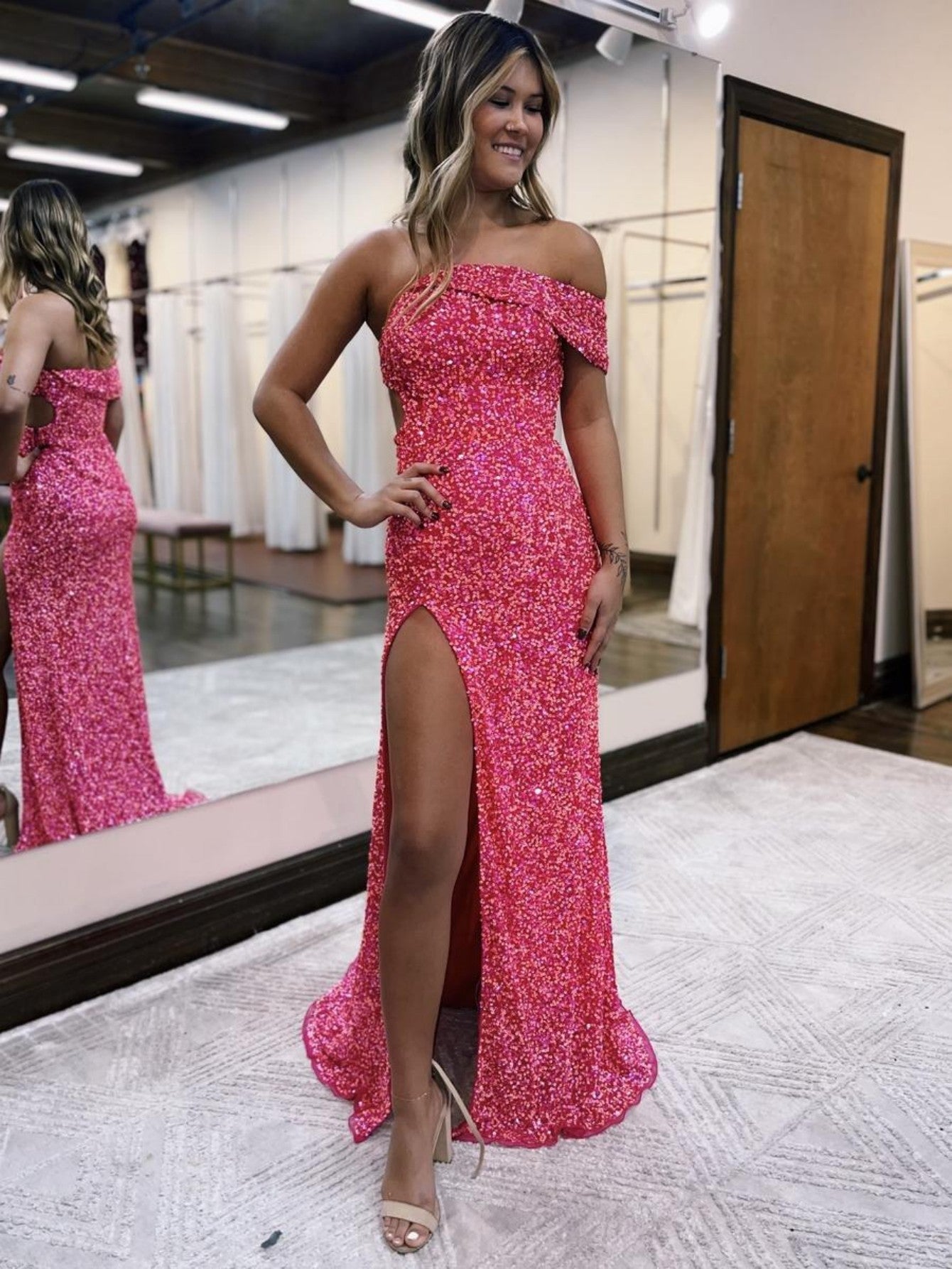 Glitter Mermaid One Shoulder Pink Long Prom Dress With Slit
