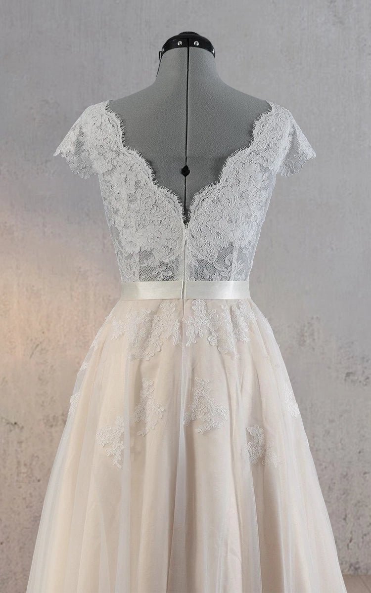 Cap Sleeve V-Neck Lace Wedding Dress With Tulle Skirt and V-Back