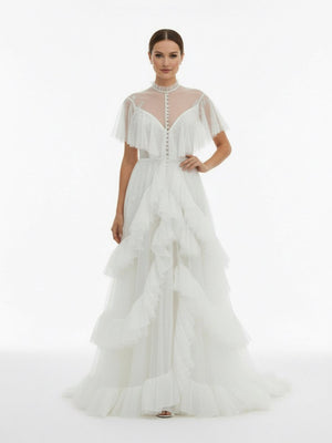 High Split A - Line See - through Short Sleeves Ruffle Tulle Wedding Dresses - KissProm