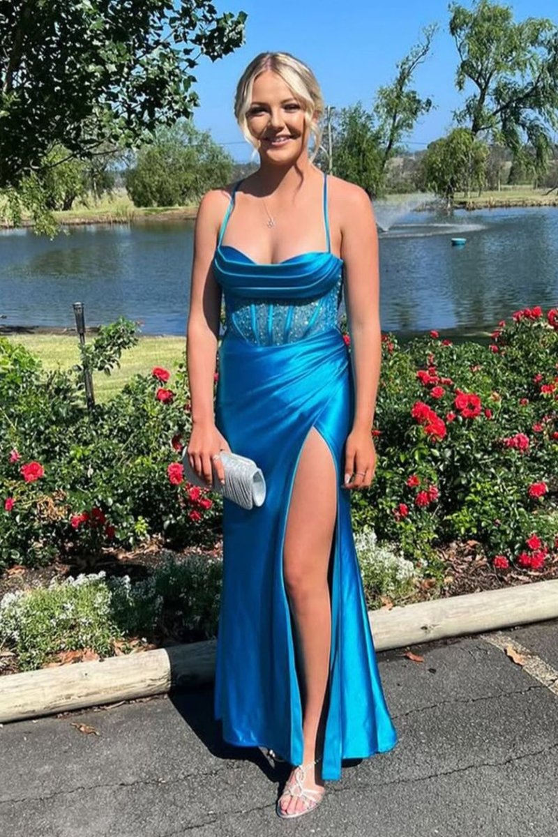 KissProm-Jeni Blue Scoop Neck Satin Mermaid Long Prom Dress with Slit