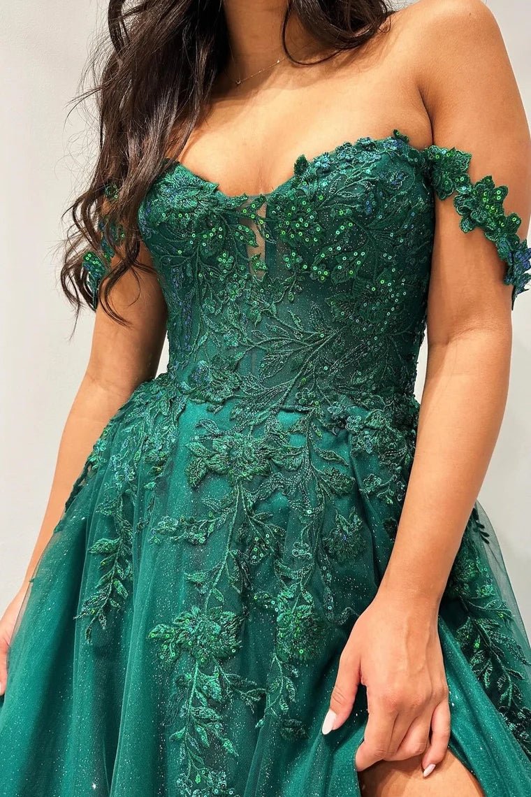 Glitter Emerald Appliques Off-The-Shoulder A-Line Long Prom Dress Emerald / 00 Glitter Emerald Appliques Off-The-Shoulder A-Line Long Prom Dress Emerald / 00