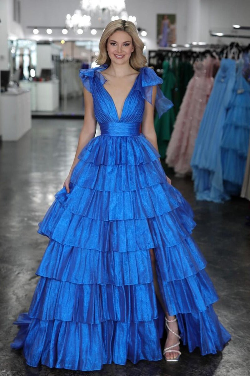 KissProm-August Royal Blue Glitter Tie Straps Pink Plunging Neck Tiered Long Prom Dress