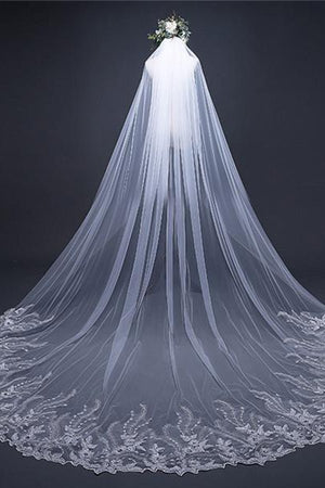 Vintage Long Tulle With Appliques Wedding Veil - KissProm