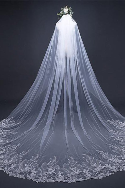 Vintage Long Tulle With Appliques Wedding Veil - KissProm