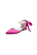 Pointed Toe Pearl Ribbon Ankle Strap Kitten Heels - KissProm