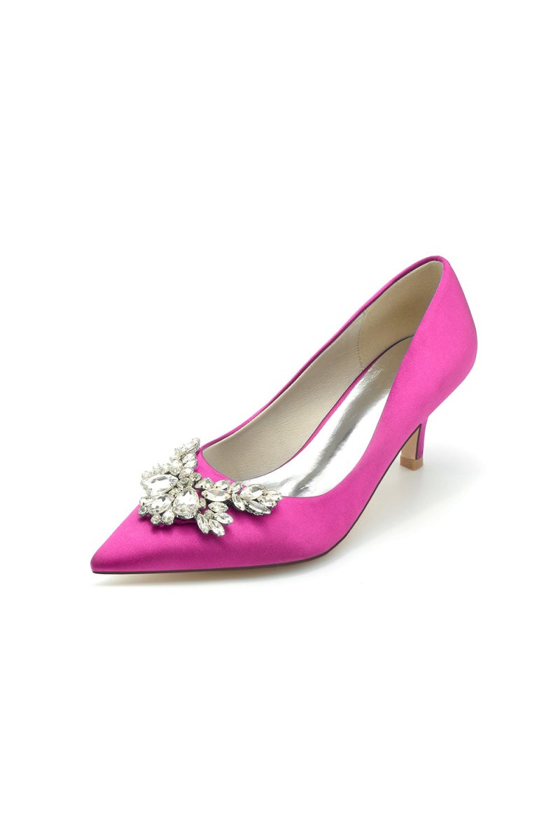 Rhinestone Pointed Toe Satin Kitten Heels - KissProm