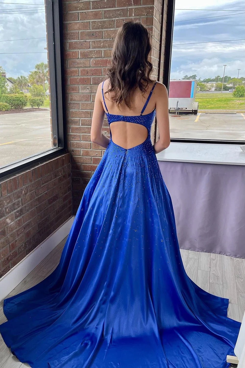 Athena | A-Line Spaghetti Straps Royal Blue Long Prom Dress with Beading