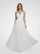 Bohemian Halter A Line Tulle Brush Train Wedding Dress with Ruching - KissProm