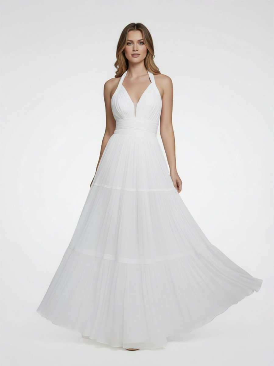 Bohemian Halter A Line Tulle Brush Train Wedding Dress with Ruching - KissProm