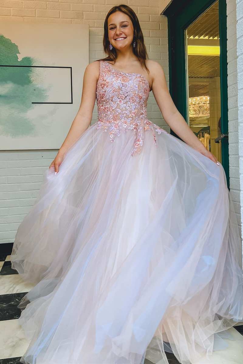 Ombre Tulle Floral Lace One-Shoulder A-Line Long Prom Dress