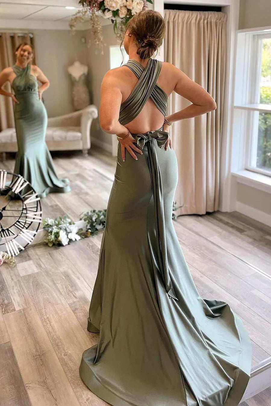 Light Green Convertible Satin Mermaid Prom Bridesmaid Dress, Sage Green / 6 Light Green Convertible Satin Mermaid Prom Bridesmaid Dress, Sage Green / 6