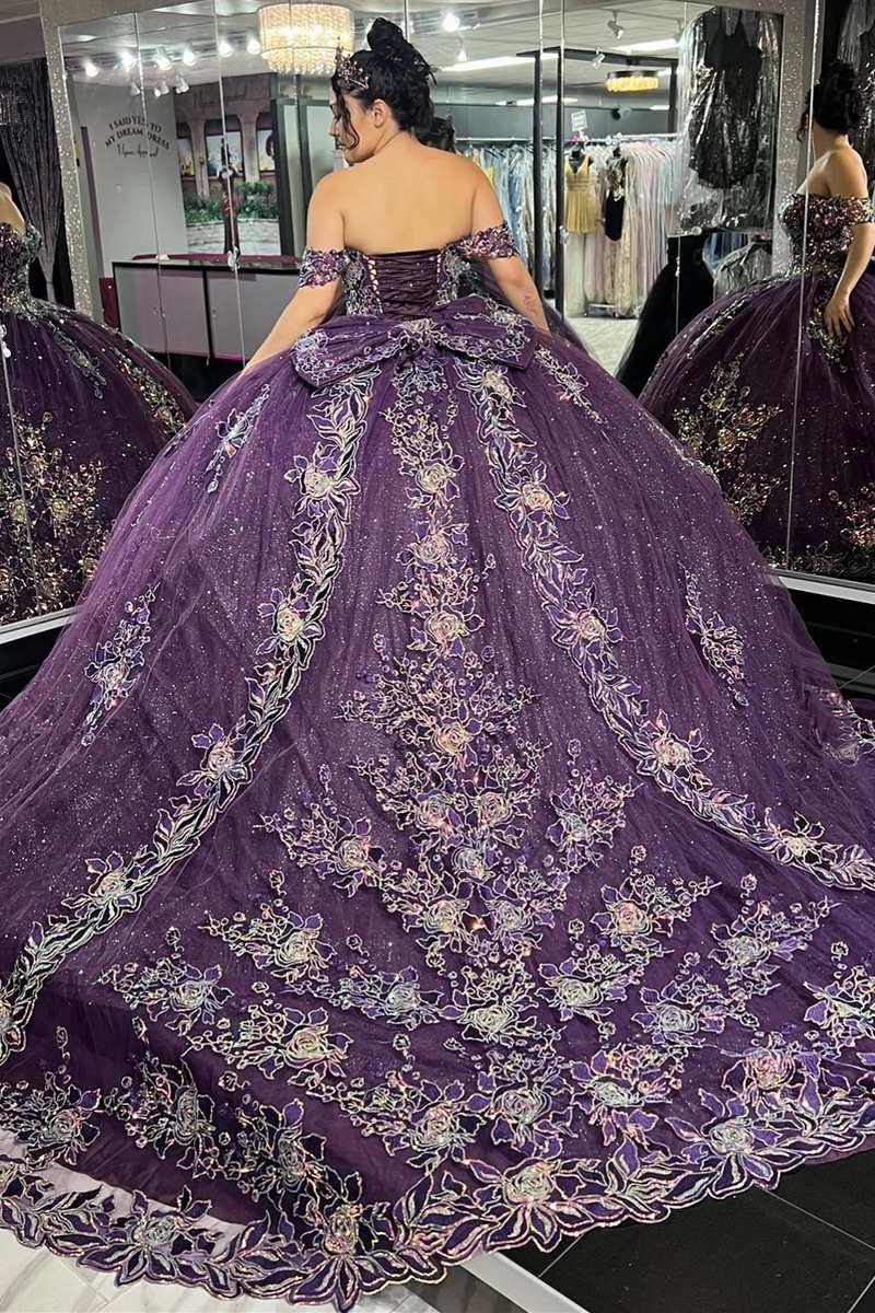 Quinceanera Dress Glamorous Purple Floral Lace Off-The-Shoulder Purple / 00
