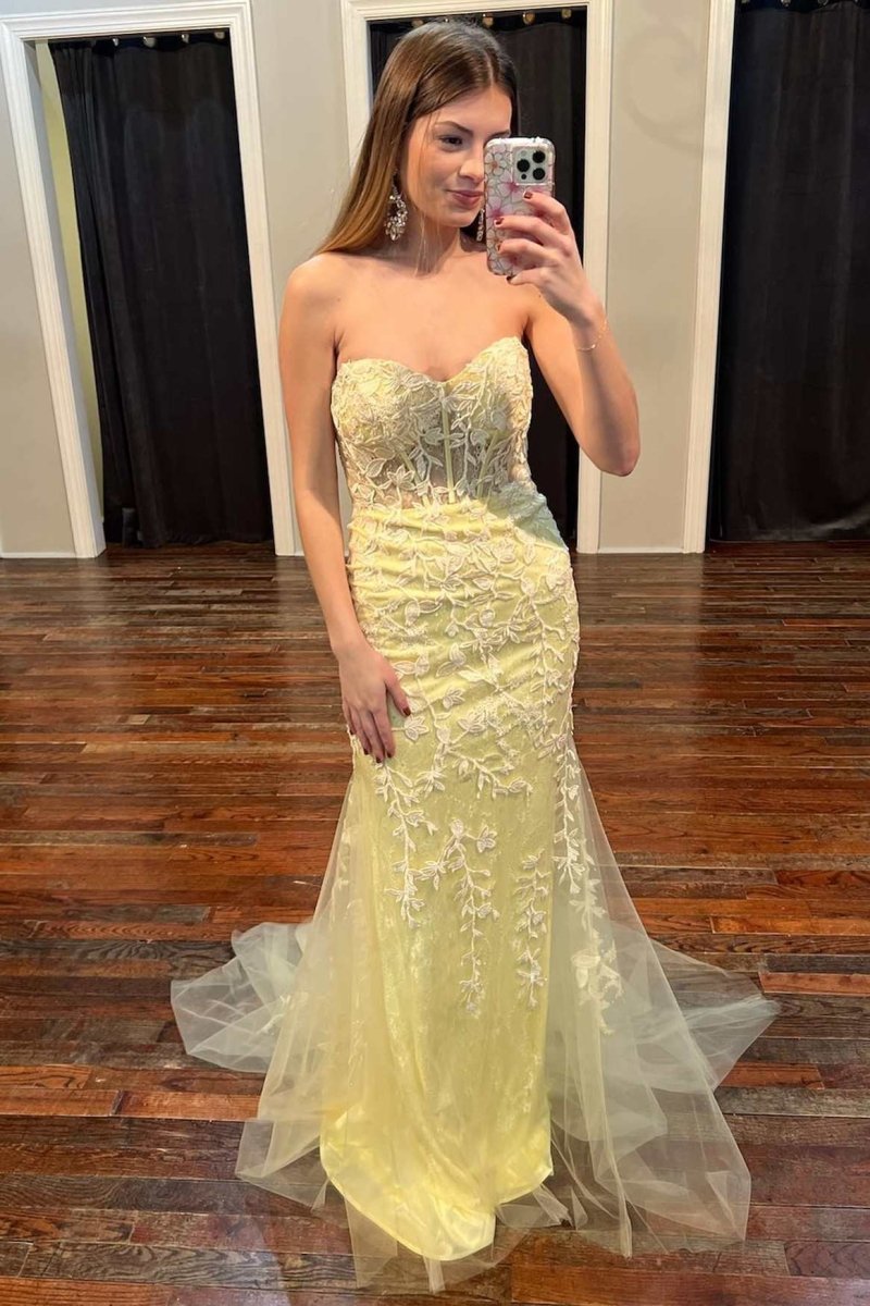 Mermaid Sweetheart Tulle Lace Prom Dress, Yellow / 4 Mermaid Sweetheart Tulle Lace Prom Dress, Yellow / 4