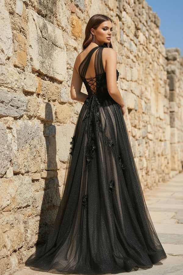A Line One Shoulder Black Long Prom Dress with Appliques Black / 10 A Line One Shoulder Black Long Prom Dress with Appliques Black / 10