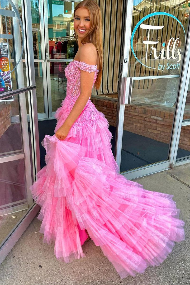 Off-the-Shoulder Pink Ruffle Tulle Long Prom Dress with Appliques
