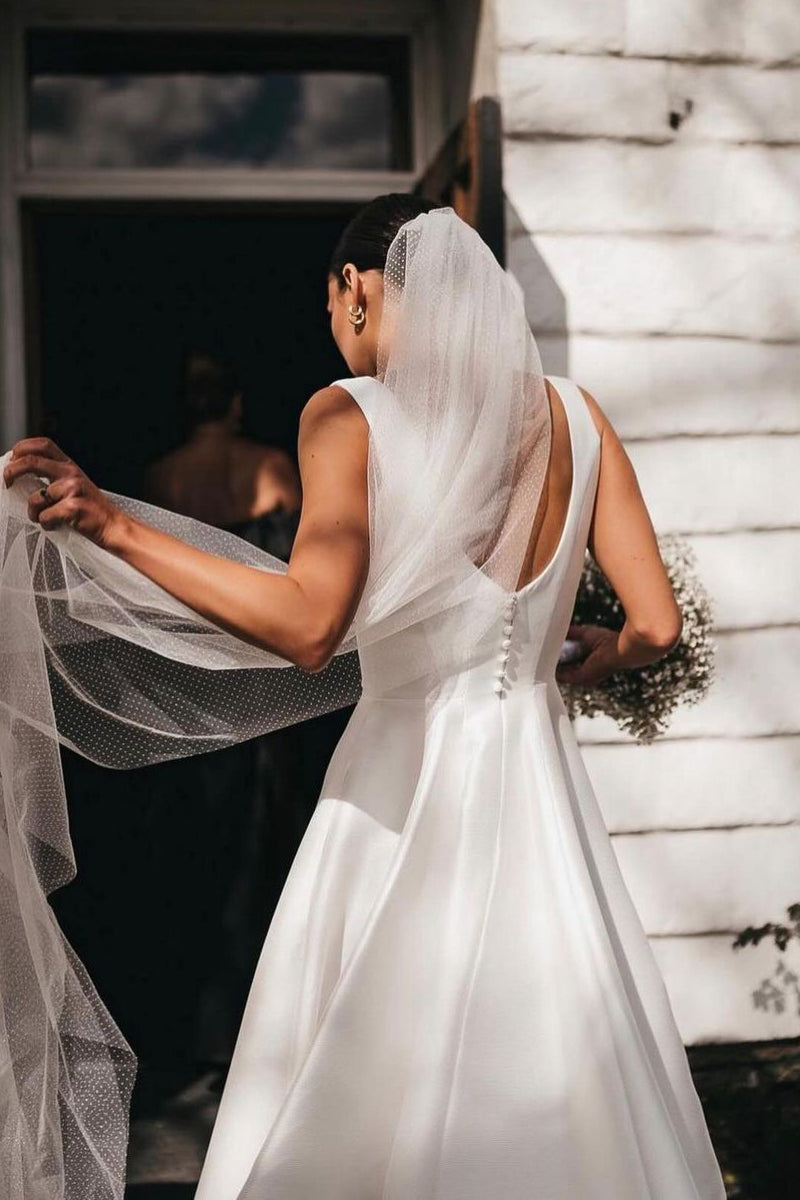 Simple A-Line Square Neck White Satin Wedding Dresses