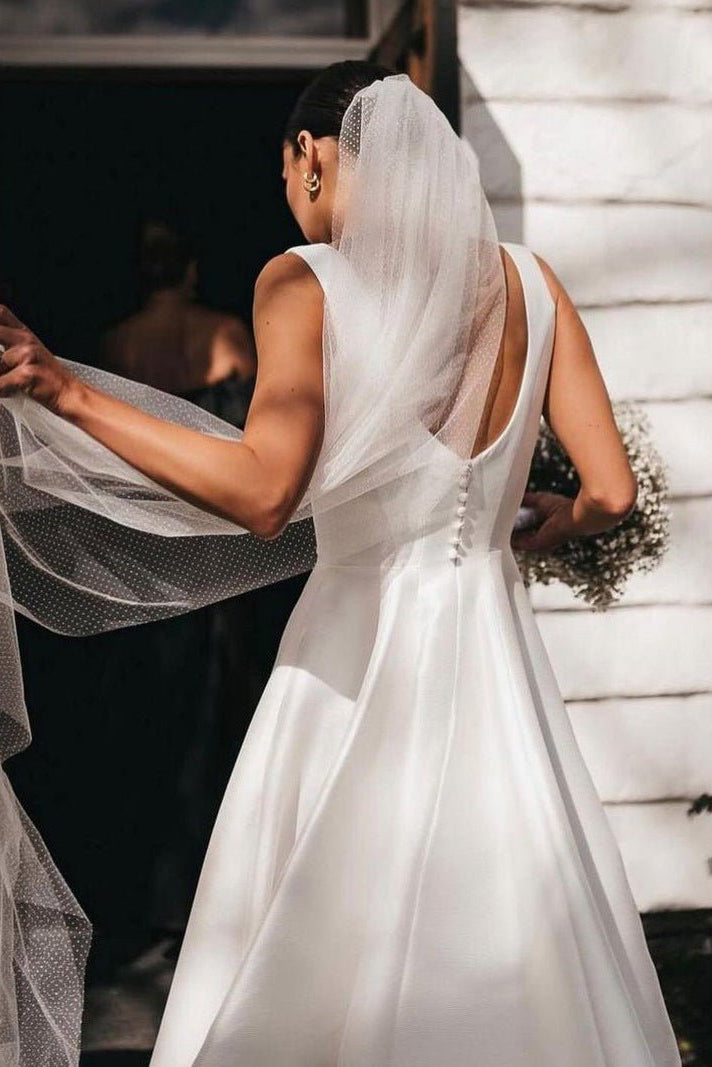 Simple A-Line Square Neck White Satin Wedding Dresses Simple A-Line Square Neck White Satin Wedding Dresses