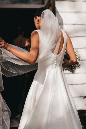 Simple A-Line Square Neck White Satin Wedding Dresses – Wedding Dresses by Kissprom | Available at KissProm