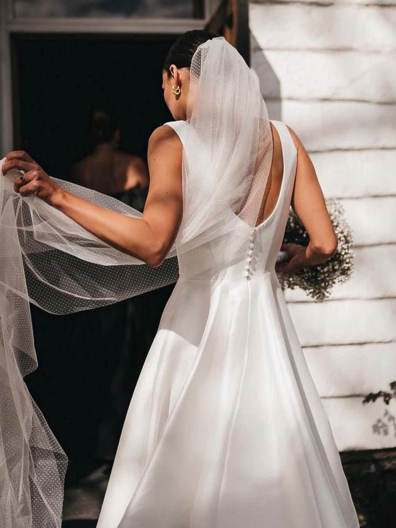 Reverie | Simple A-Line Square Neck White Satin Wedding Dresses