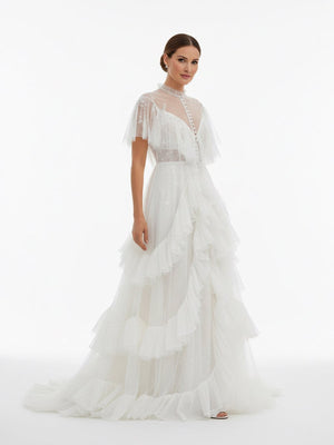 High Split A - Line See - through Short Sleeves Ruffle Tulle Wedding Dresses - KissProm