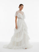 High Split A - Line See - through Short Sleeves Ruffle Tulle Wedding Dresses - KissProm