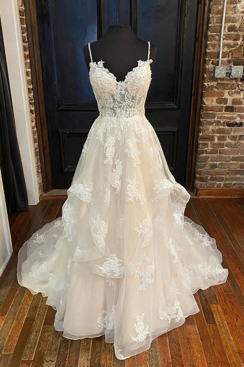 Halle | A-Line Straps Ivory Long Wedding Dress with Appliques