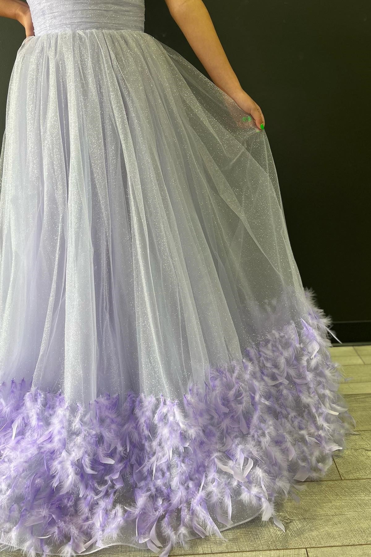 Lavender Strapless Pleated A-Line Prom Dress with Feathers