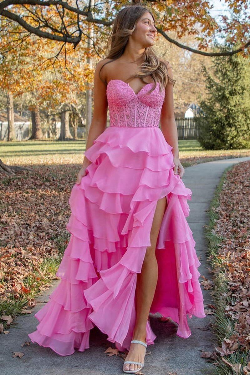 KissProm-Alondra Pink Chiffon Sweetheart Ruffle Tiered Long Prom Dress