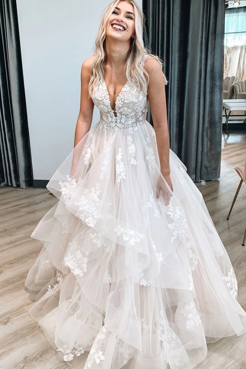 Elegant V-neck Sleeveless A-line lace applique Wedding Dresses,DB0279 main image 1
