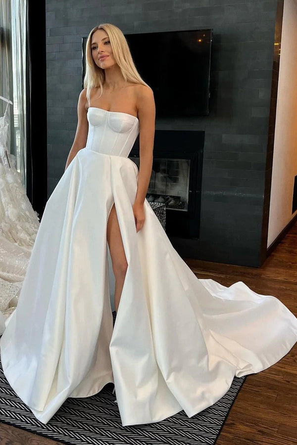 Timeless Ball Gown Strapless Satin Tulle Long Wedding Dresses C4482