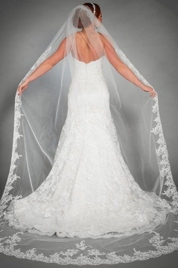 One Tier Lace Appliques Edge Cathedral Veil Long Wedding Veil - KissProm