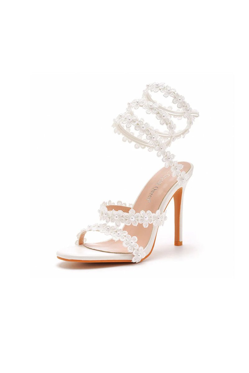 White Flower Ankle Wrap Strap Open Toe Ultra High Heels - KissProm