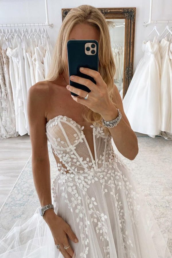 A - Line Sweetheart Tulle Appliques Wedding Dresses - KissProm