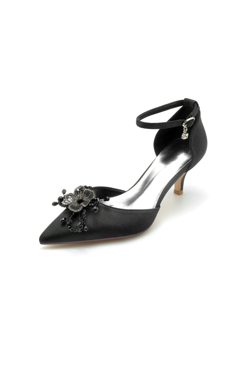 Floral Pointed Toe Beading Kitten Heels - KissProm
