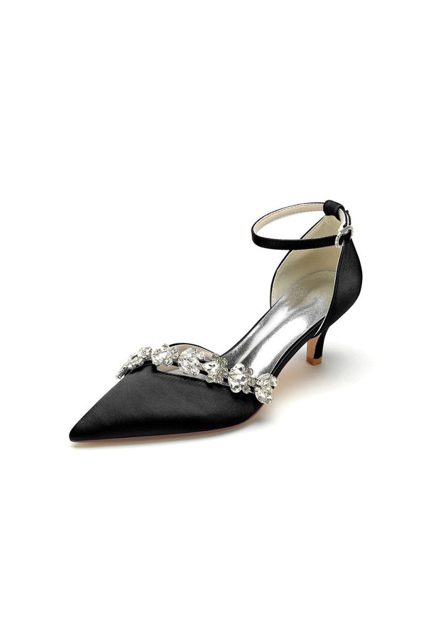 Elegant Pointed Toe Rhinestone Kitten Heels - KissProm