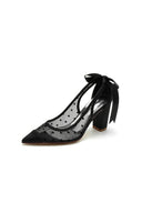 White Mesh Pump with Elegant Bow Detail and Transparent Overlay - KissProm
