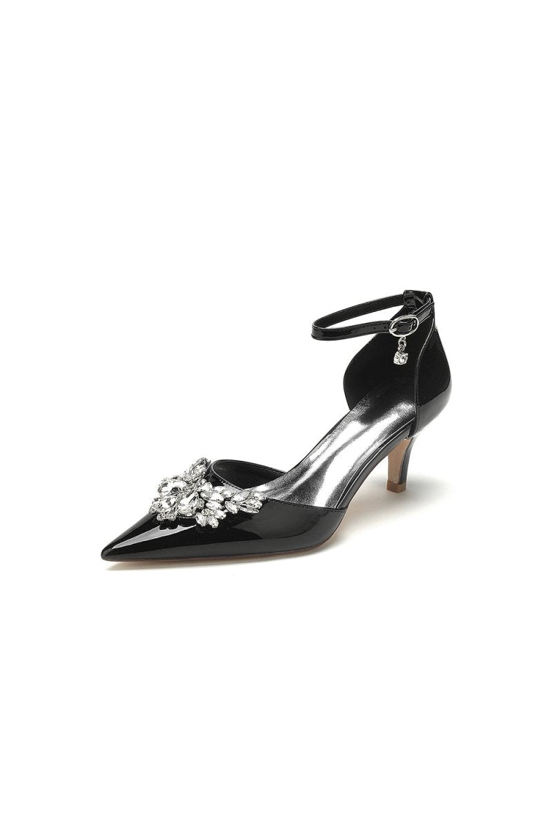 Elegant Black Patent Leather High Heels with Large Crystal Embellishment - KissProm