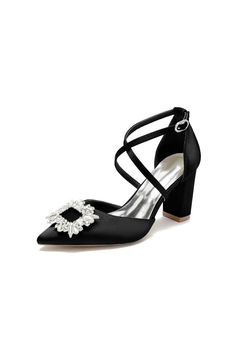 White Satin Pump with Crystal - Embellished Cross - Strap - KissProm