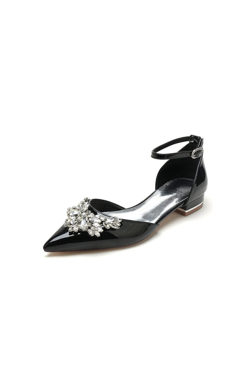 Pointed Toe Patent Leather Flats with Crystal Embellishment - KissProm