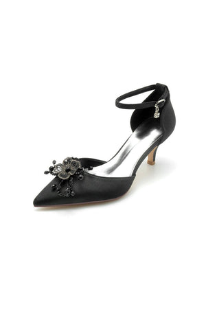 Floral Pointed Toe Beading Kitten Heels - KissProm