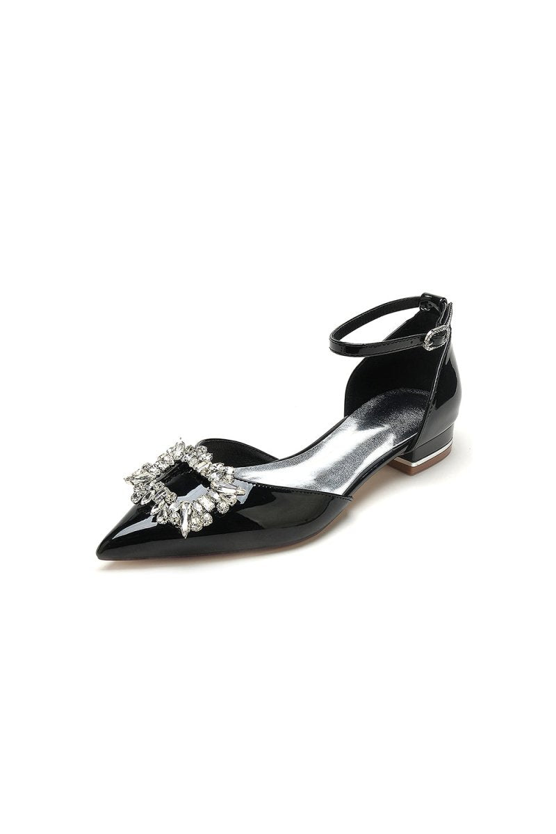 Pointed Toe Patent Leather Flats with Crystal Embellishment - KissProm