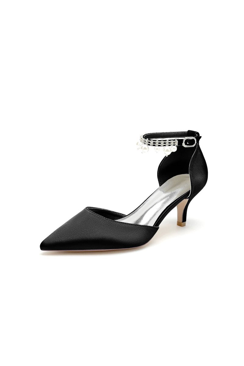 Pointed Toe Pearl Strap Kitten Heels - KissProm