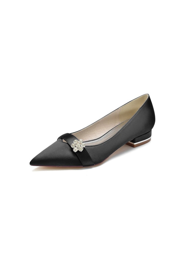 Satin Pointed Toe Floral Beading Kitten Heels - KissProm