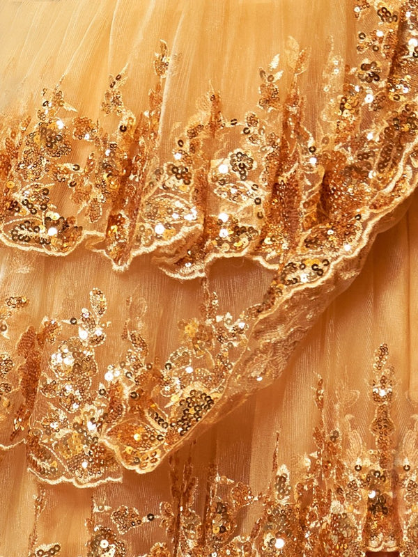 Gold Princess A Line Off the Shoulder Corset Prom Dress with Lace Ruffles - KissProm