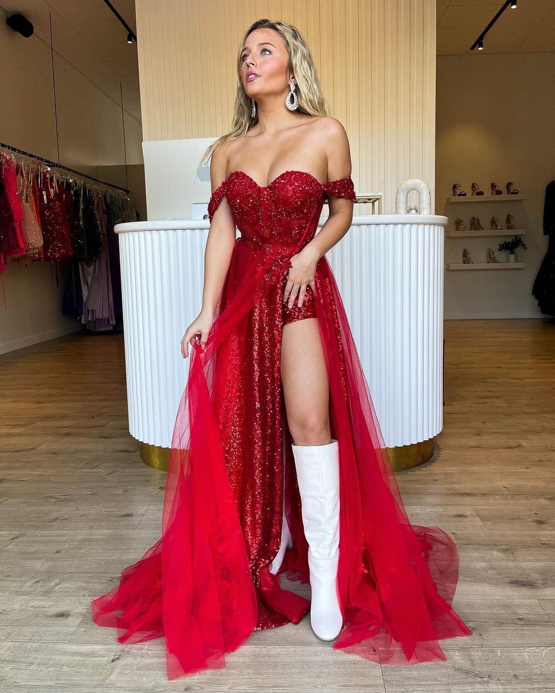 Ashlee | Sparkly Tow Piece Off the Shoulder Red Sequins Long Prom Dresses