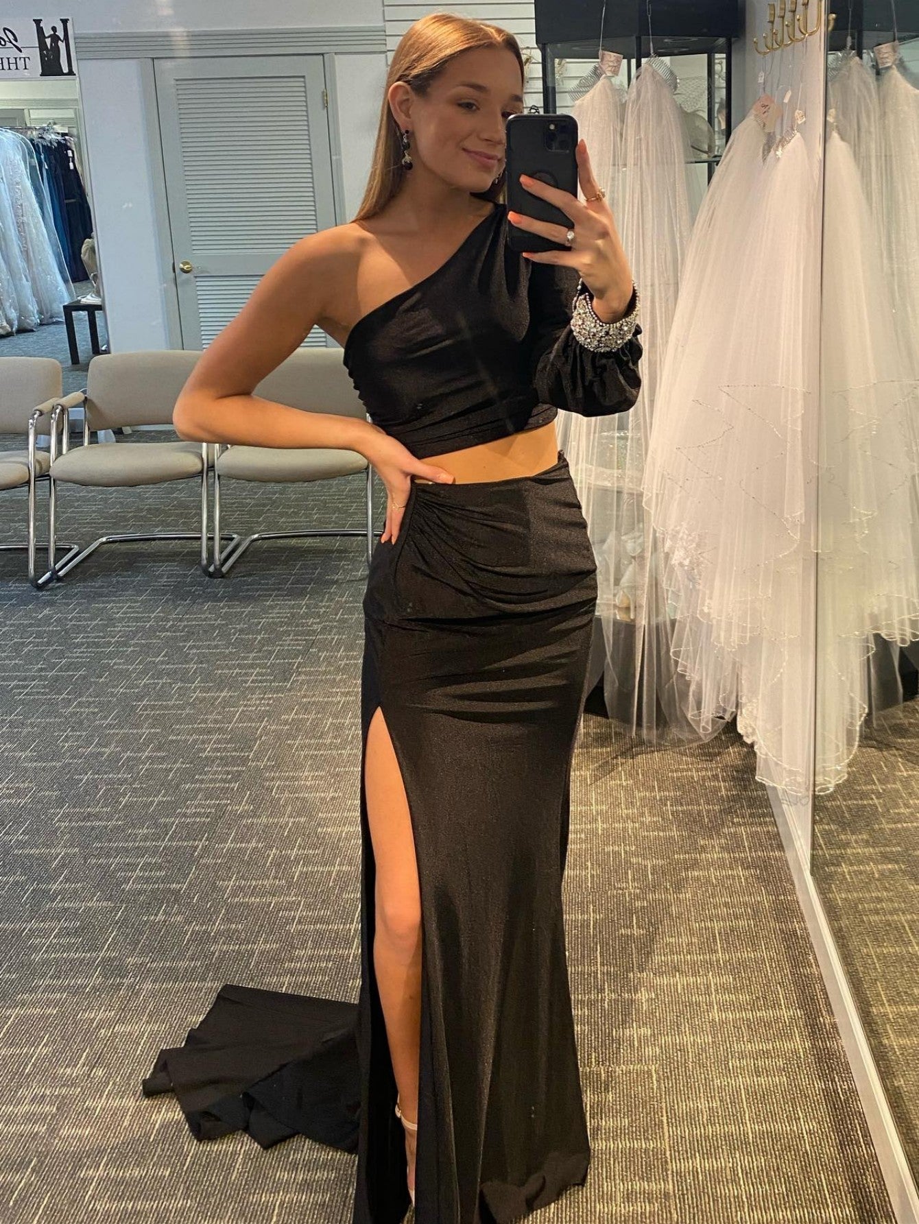 Satin Mermaid One Shoulder Two Pieces Set Black Long Prom Dress