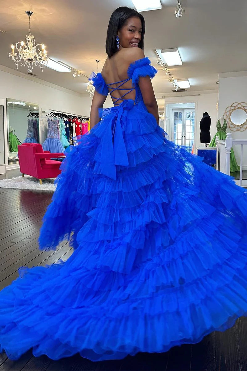 Adalynn | Royal Blue Off the Shoulder Ruffle Tiered Tulle Long Prom Dresses with Slit