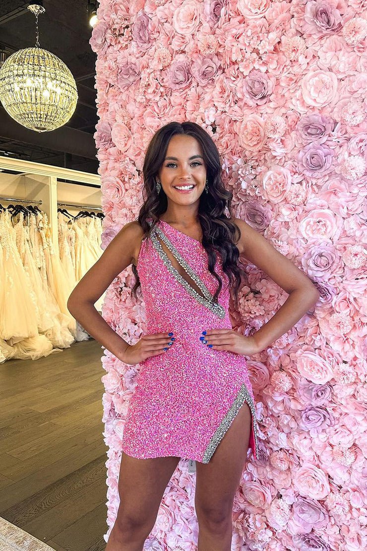 Sparkly Black One Shoulder Bodycon Sequins Mini Party Dresses - KissProm