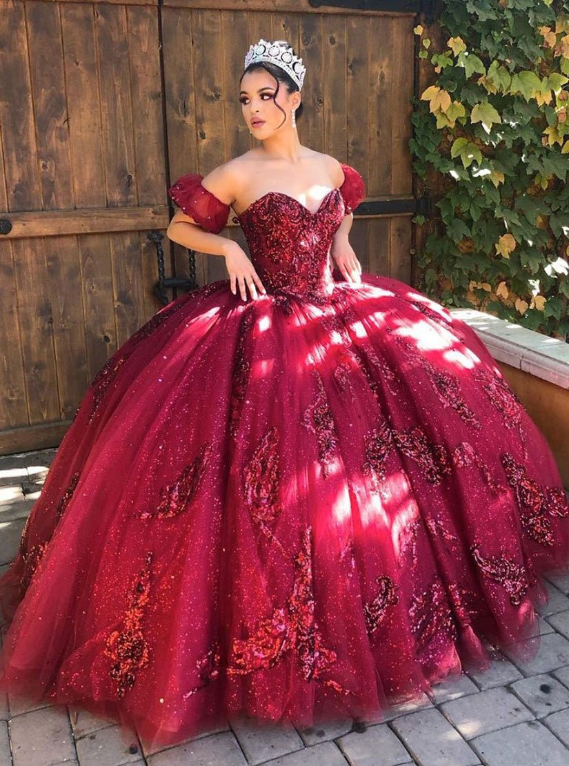 burgundy quinceanera dress Quinceanera Dress Burgundy Off Shoulder Tulle Lace Long Prom Dresses Burgundy / 12