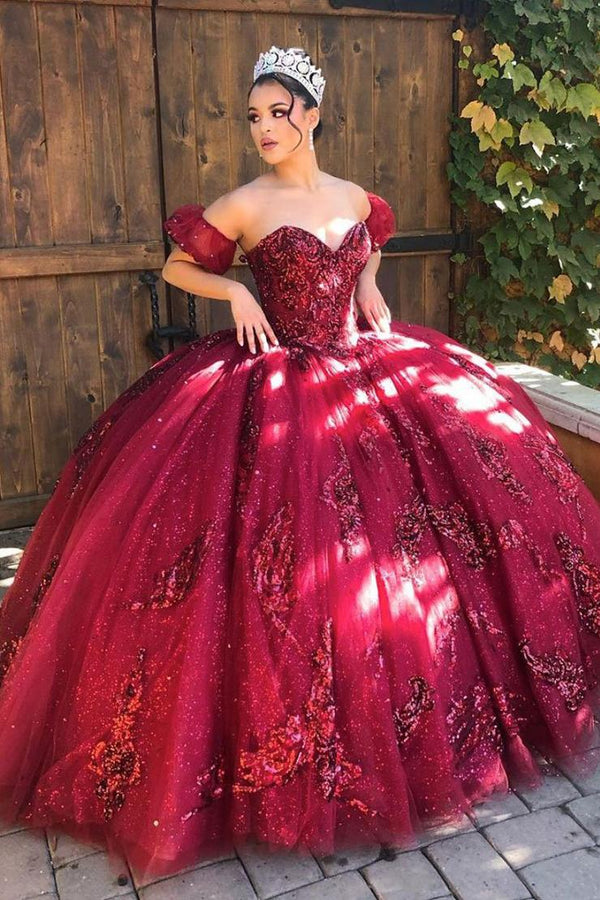 Quinceanera Dress Burgundy Off Shoulder Tulle Lace Long Prom Dresses – Quinceanera Dress by KissProm | Available at KissProm